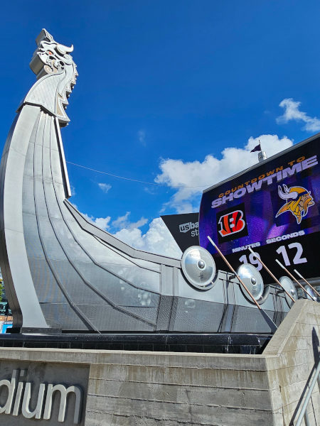 Large Viking boat statue in front of the US Bank stadium